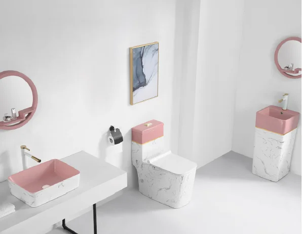 Colorful Sanitary Ware Bathroom Set Of Three One Piece Toilet With Pedestal Basin Art Basin Toilet Set