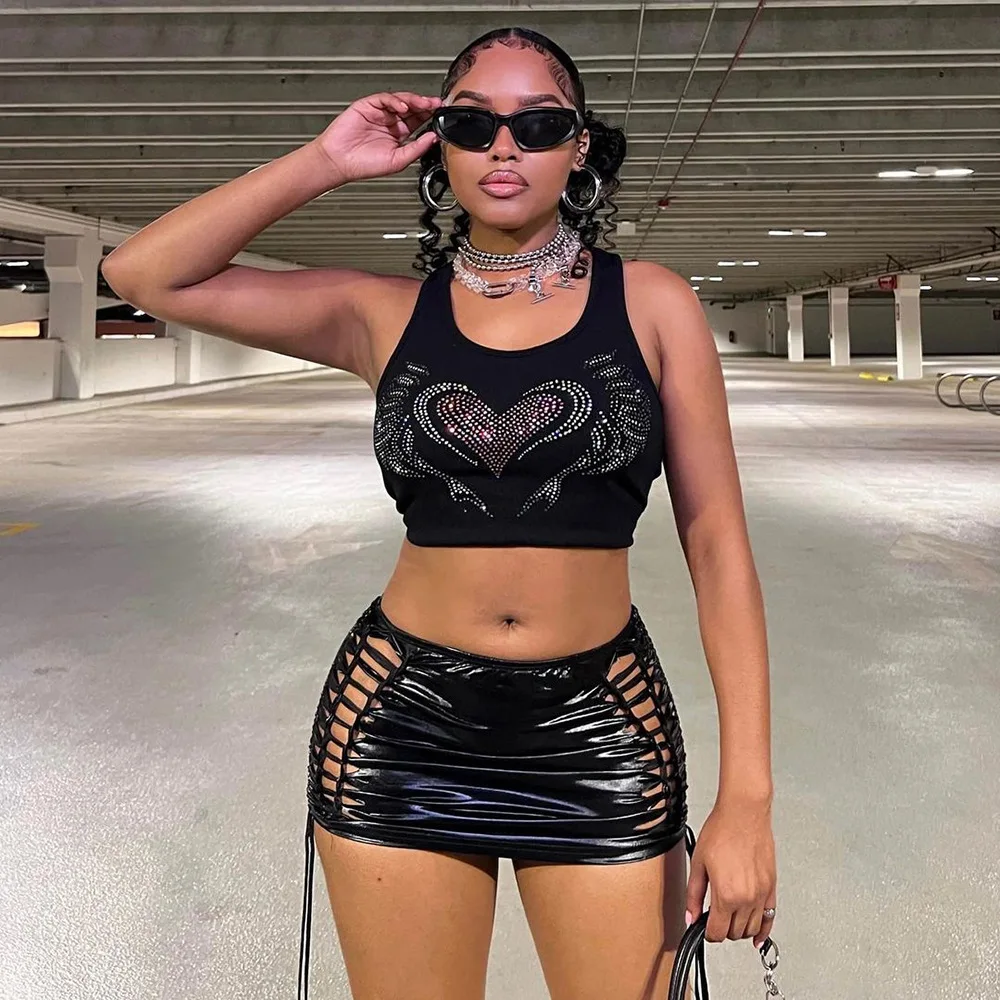 2023 New Arrivals Summer Shiny Pu Leather Mini Skirt Solid Color Hollow Out Tassel Lace-Up Stretchy Sexy Skirt For Women