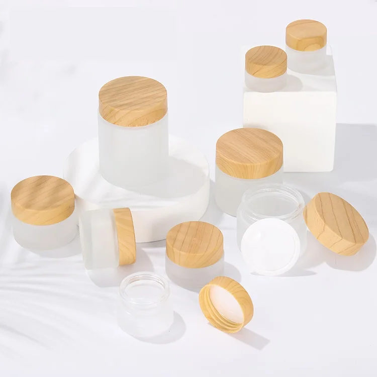 Eco-Friendly Clear Frosted Glass Skincare Packaging Bamboo 5g-100g Free Cosmetic Cream Jar with Plastic Cap