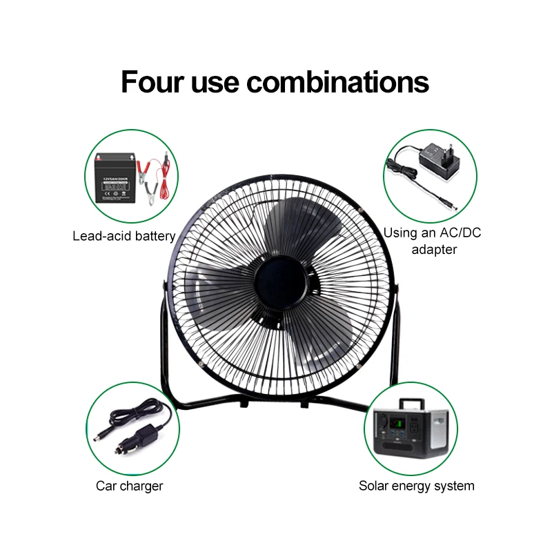 12V Brushless DC Table Solar Energy System Fan Rechargeable Desk Fan Metal 9 Inch