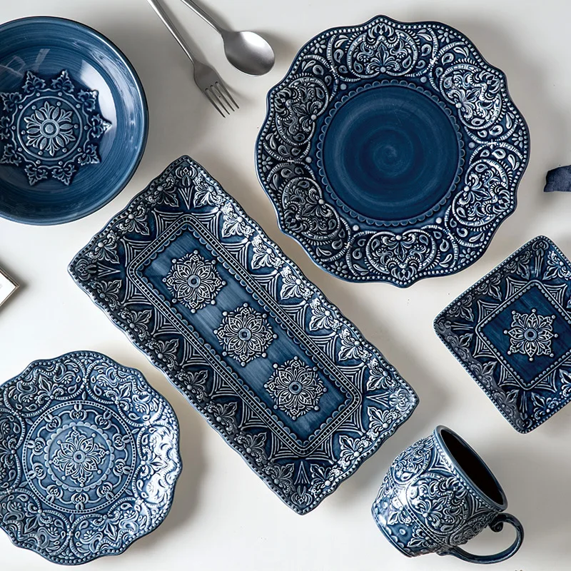 Baroque Dishware Home Bowl Blue Dinner Set Cup Plate Creative Personality Dishware Petal Ceramic Tableware Set