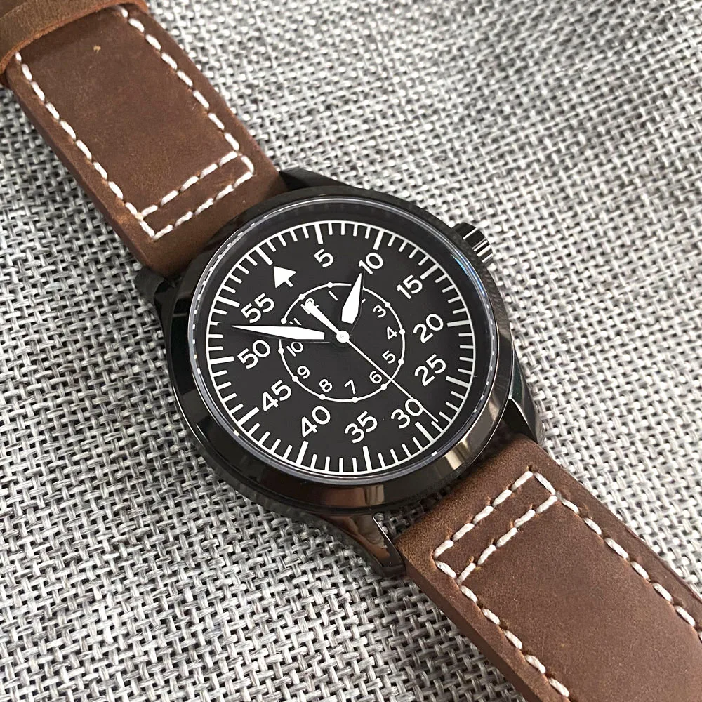 Oem CORGEUT Sport Black Steel Automatic Watch for Men MIYOTA 8215 Movement Pilot Wristwatch Custom Logo Wholesale Leather Band