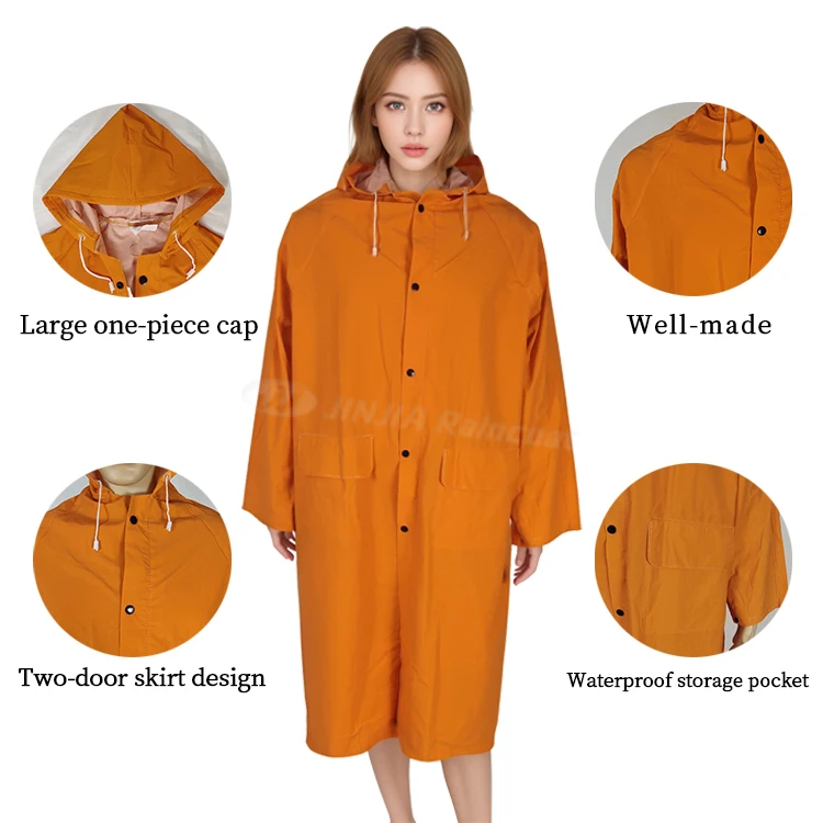 Fashion 100% Water Proof Rain Jacket Long PVC Polyester Hooded Raincoat for Work and Tour Rain Gear