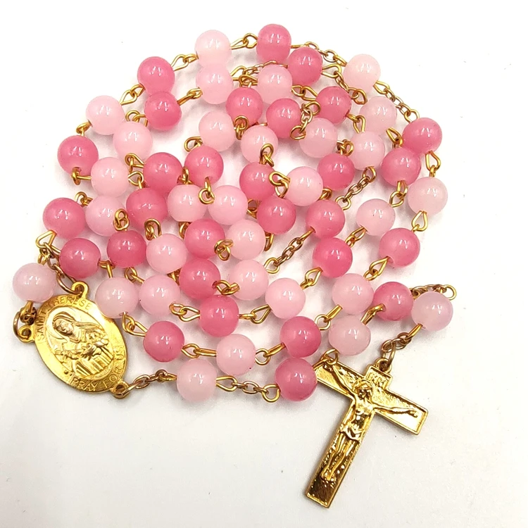Высококачественное ожерелье из Нефритового розового стекла 8 мм религиозный подарок православный католический Розарий распятия