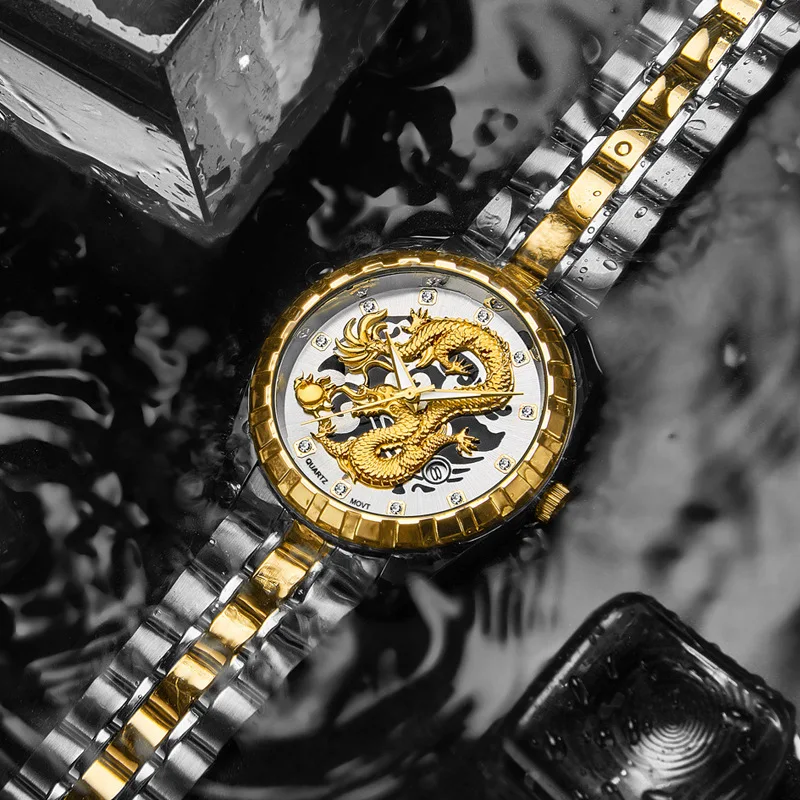 New Golden Mens Watches Top Brand Luxury Chinese Dragon Watch Business Full Steel Quartz Clock