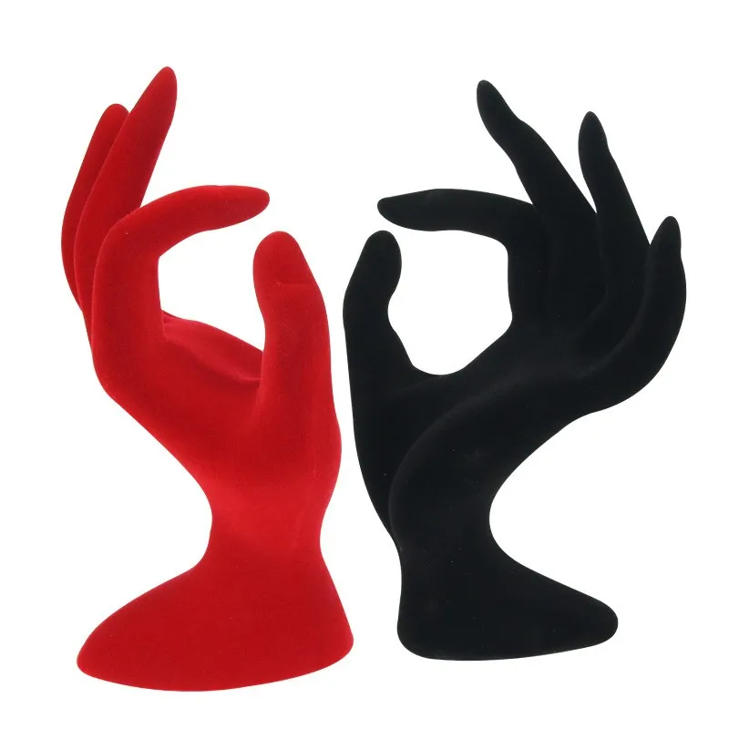 Classic Black Red OK-Gestured Velvet Hand Rings Bracelets Jewelry Display Stand Holder Prop