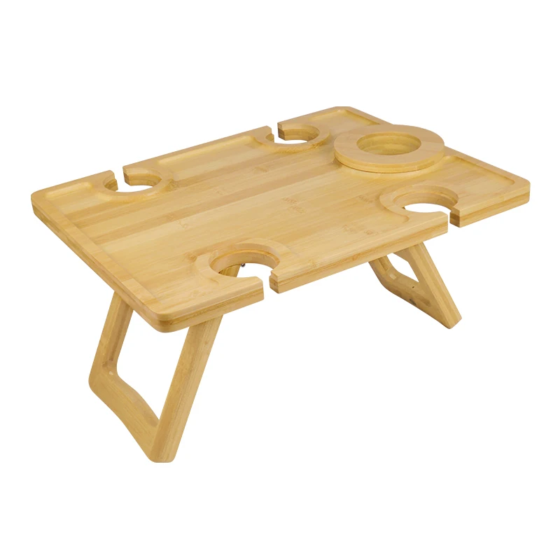 Outdoor Wine Picnic Table Large Folding Portable Bamboo Snack & Cheese Tray With 4 Wine Glasses Holder & Adjustable Wine Glass