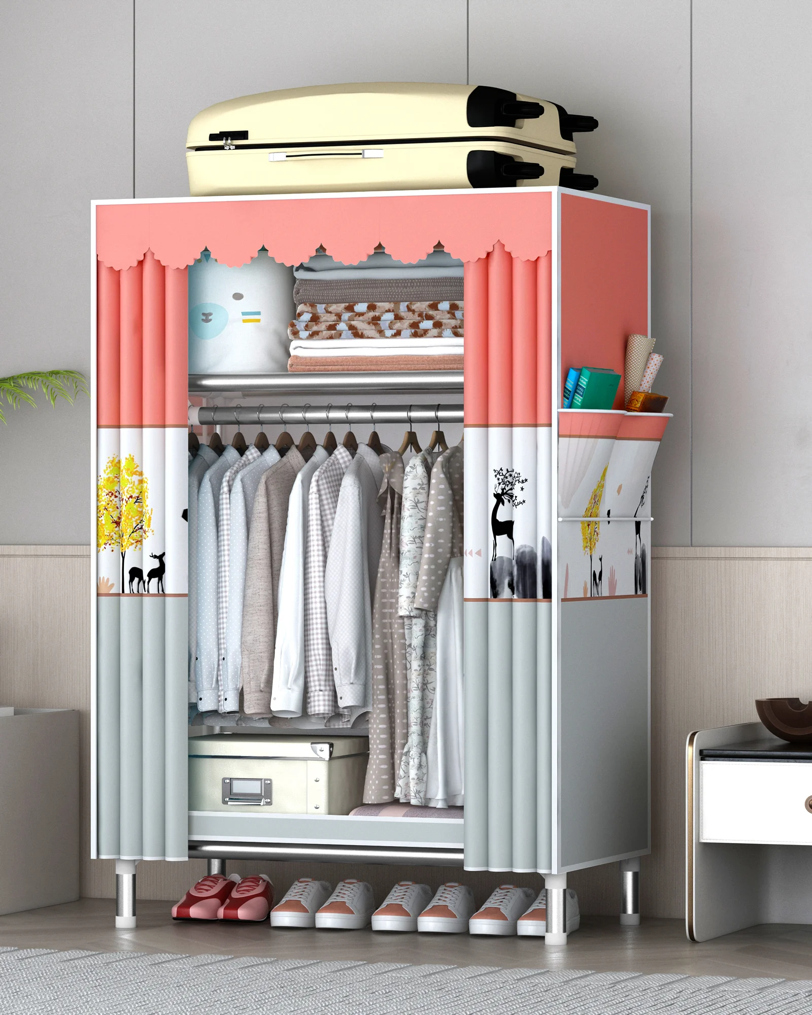 Hot Selling Good Quality Simple Fabric Wardrobe Designs Cloth Metal Frame Wardrobe