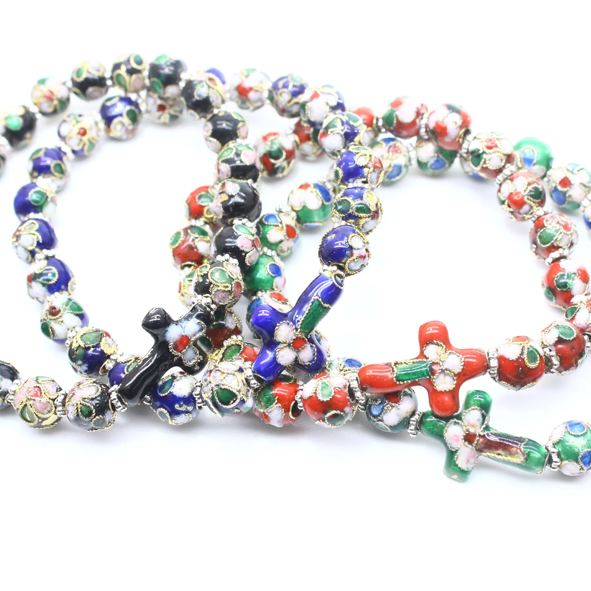 8mm cloisonne bead string rosary with Cross Bracelet Gift Pure hand alloy elastic string of beads Circle Wristlet