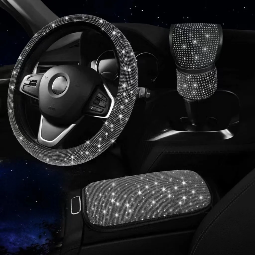 New Diamond Steering Wheel Covers for women 3Pcs Set  armrest box Cover Gear Shift Cover Decoration 15 inch