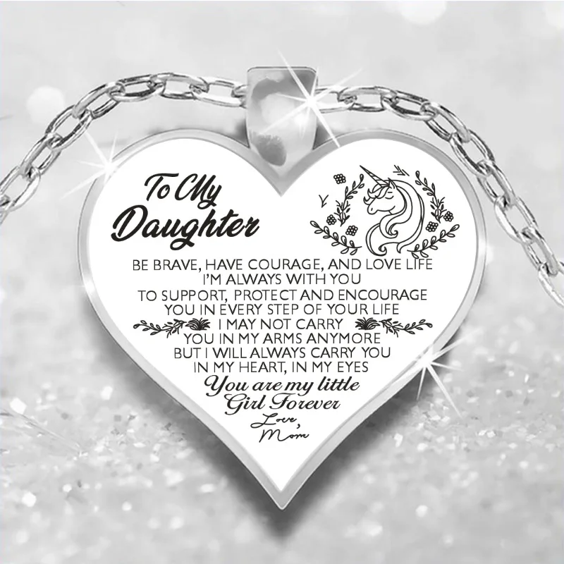 Hainon Newest To My Daughter Love Mom/Dad Necklace for Women Glass Crystal Heart Pendant Silver Plated Necklace