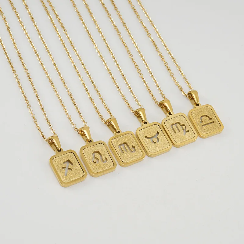 Factory Price Stainless Steel Hollow Frosted Gold Glitter Star Sign Necklace 12 Constellations Square Pendant Horoscope Necklace