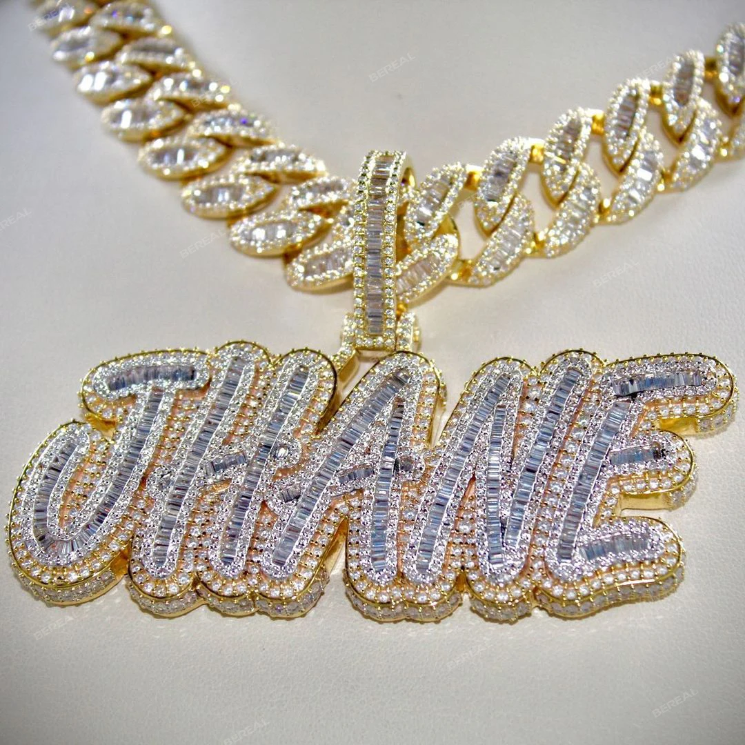 Custom Gold Plated Vvs Moissanite Letter Pendant Iced Out Pass Diamond Tester Baguette Cut Diamond Name Pendant Fine Jewelry