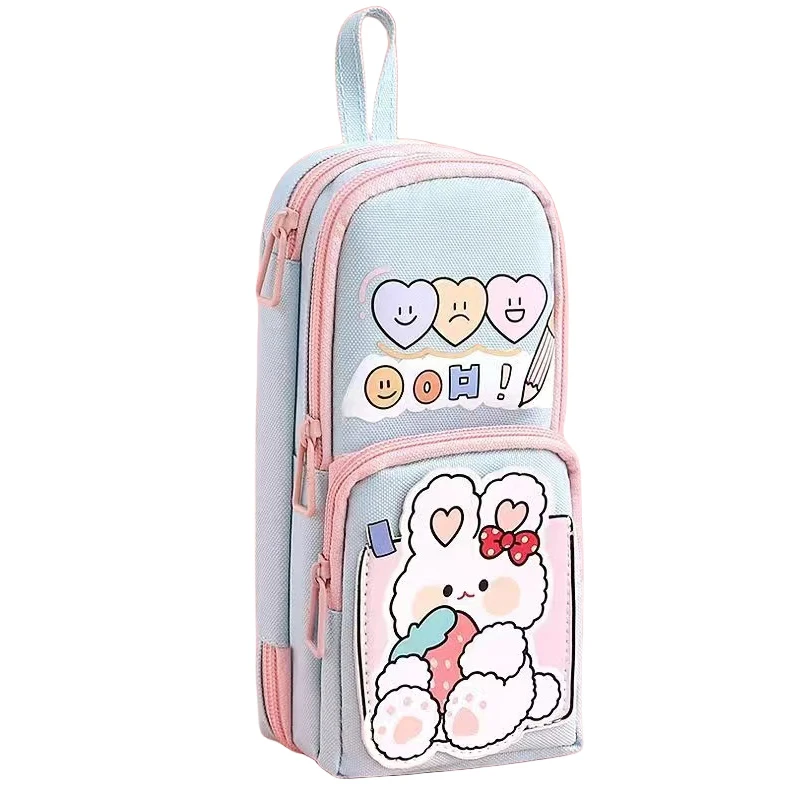 BEYOND Canvas Backpack Shaped Large Capacity Standing 3 layers Cute Girls Kids Fabric Pencil Case for Kids Girls Students