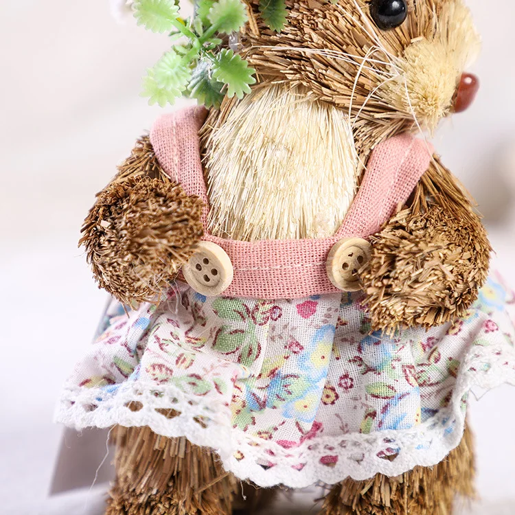 Easter Straw Bunny Figurine Ornament Creative Straw Rabbit Doll with Flower Wreath Apron Standing Figurines Holiday Party Home