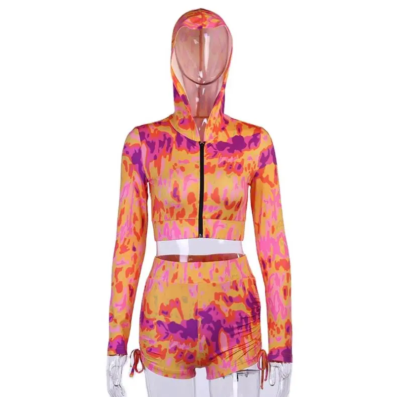 
Hoodie Yoga Shorts Set Tie Dye Bandage Women Active Wear Zipper Open Jogging Long Sleeve Gym Clothes 2020 