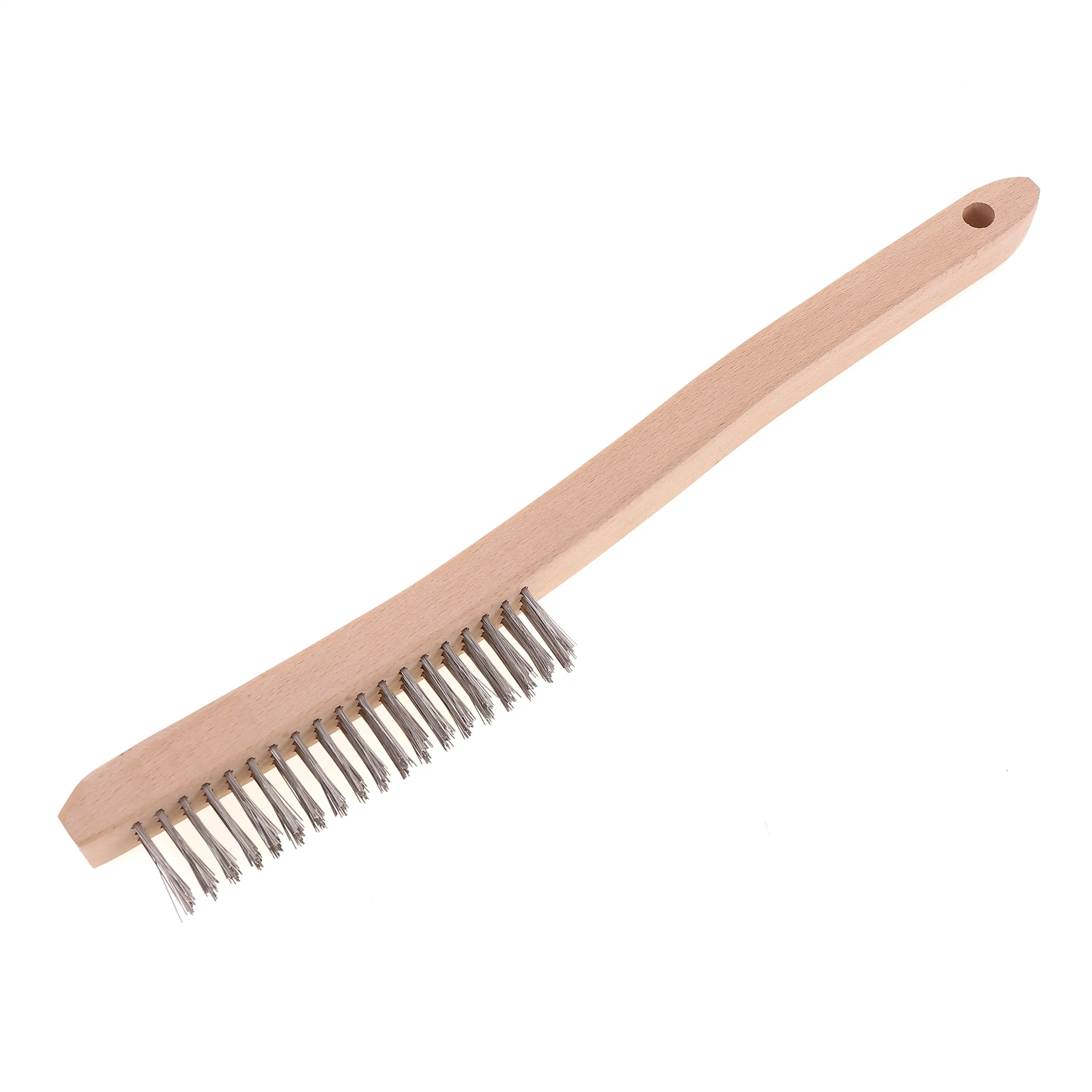 Natural custom logo wooden long handle steel wire brush cleaning metal surface wire brush with rust removal