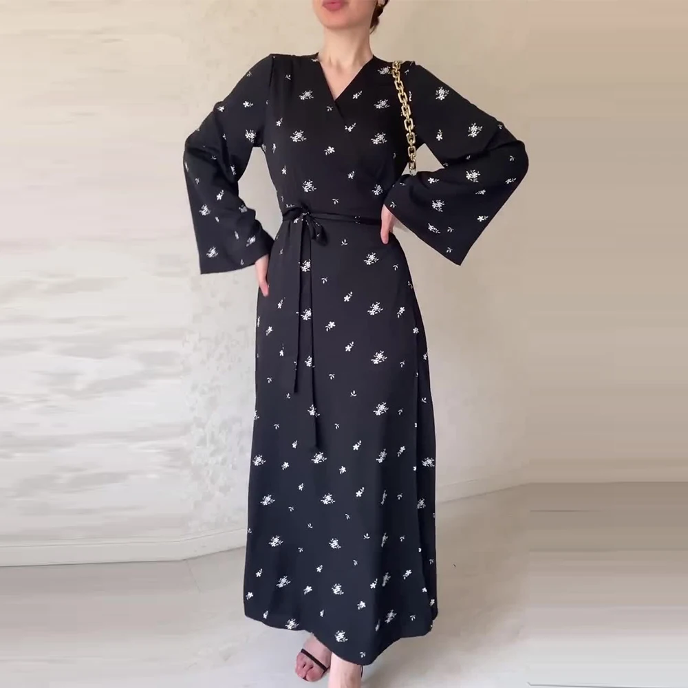Dubai Turkish Spring Summer Party Printed Dress Islamic Clothing Middle Eastern Modern V-Neck Floral Soft Tie Belt Robe 7224