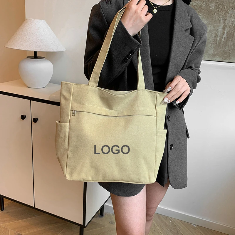 Custom logo simple design canvas tote bag portable large capacity women lady gril leisure underarm bag for daily use