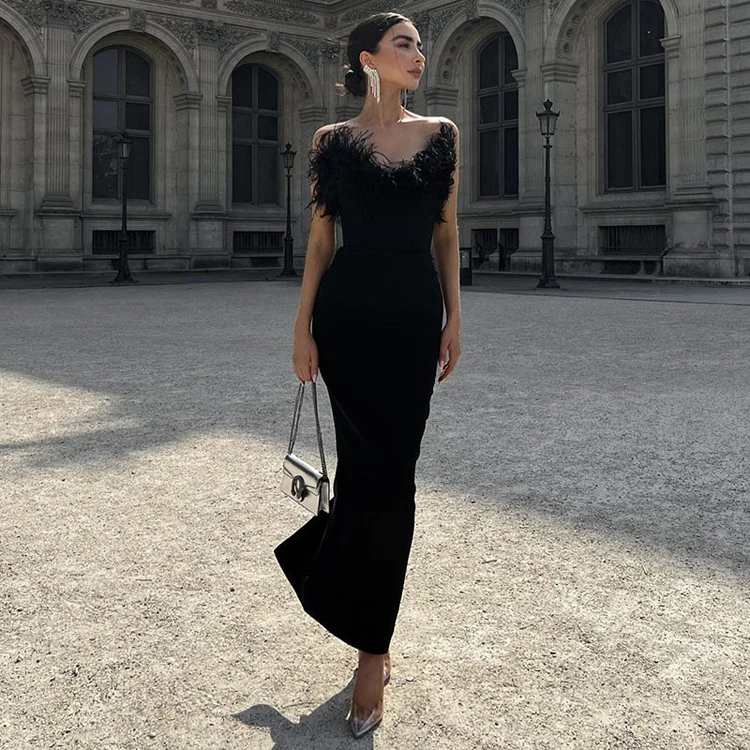 Chic Vintage French Fashion Feather Tube Vestidos Para Mujer Slim Black Long Dresses Women Lady Elegant