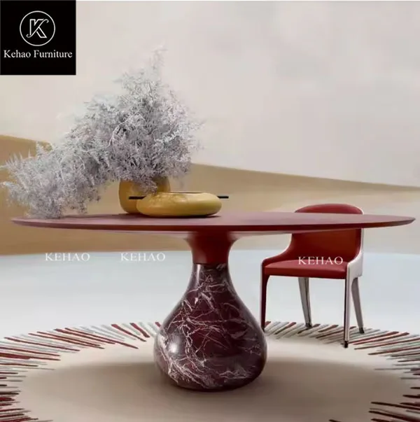 High End Red Luxury Nature Marble Base Wooden Top Round Aqua Roche Bobois Dining Table Italian Villa