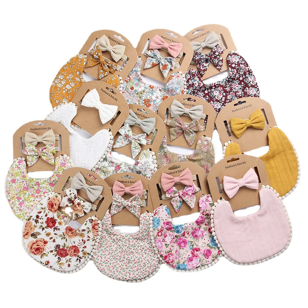water proof reusable bandana cotton soft baby bibs competitive price babies print gown wholesale custom bib Bow headband set