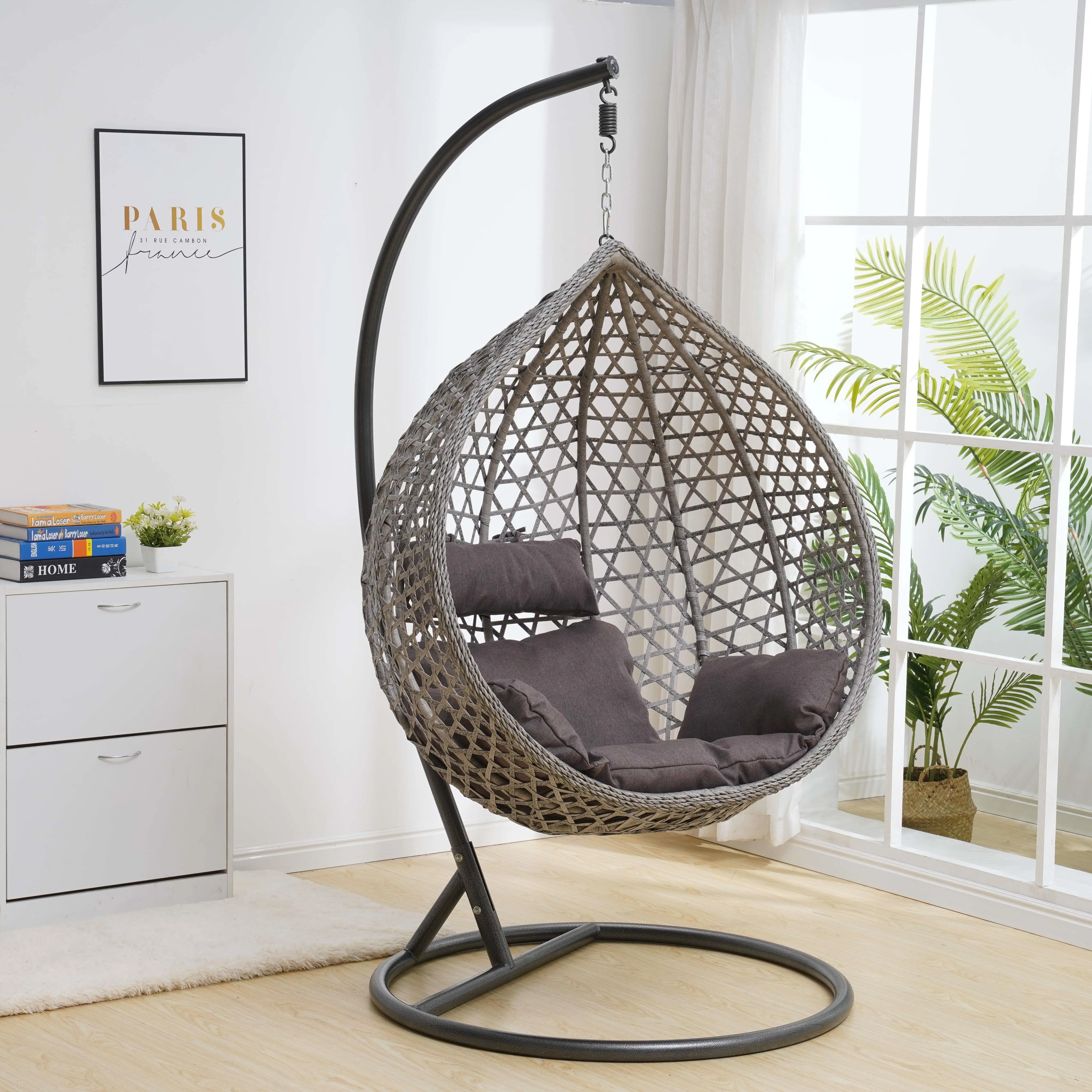 2022 Newest Outdoor Furniture Wicker Rattan Garden Patio Egg Swing Hanging Chair With Metal Stand