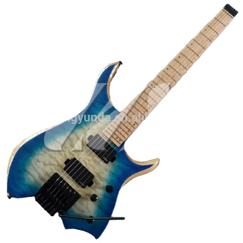 New Style whole sell headless electric guitar 6 string ash body quilted maple top maple neck factory outlet tremolo bridge