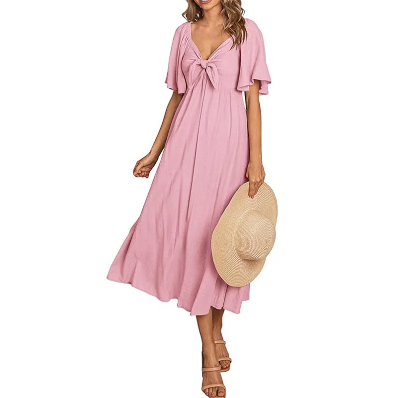 Channel Solid Color Elegant V Neck Short Sleeve Bow Front Summer Boho Flowy Casual Maxi Dresses For Women 2024