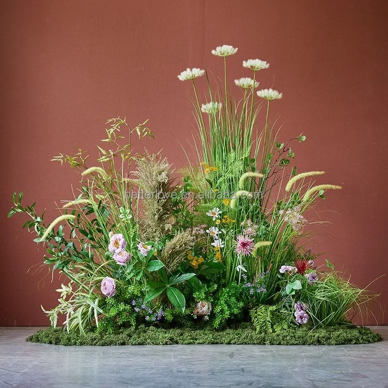 Artificial Flower Restaurant Decoration  Green Leaves White Flower Row Stage Layout Props Silk Table Flower Wedding