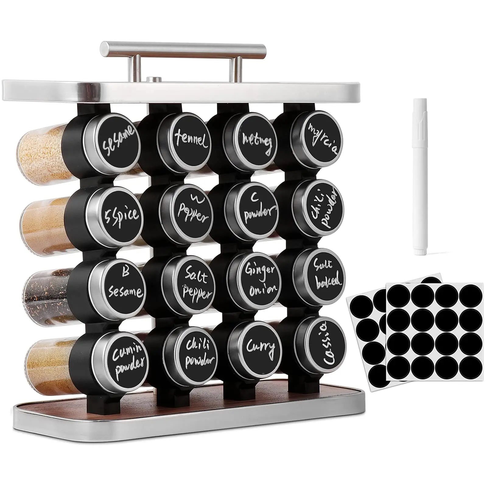 Spice Rack Organizer with Spice Jars Included Labels Chalk Marker for Countertop with Handle Seasoning Rack for Kitchen Cabinet