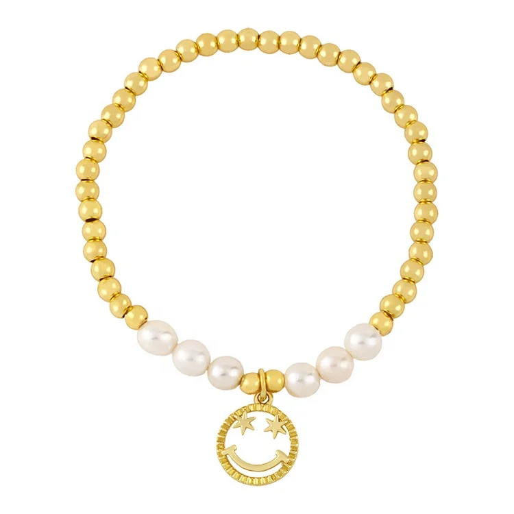 Popular Brass Micro Pave CZ Bear Smile Face Freshwater Pearl Bracelet For Ladies