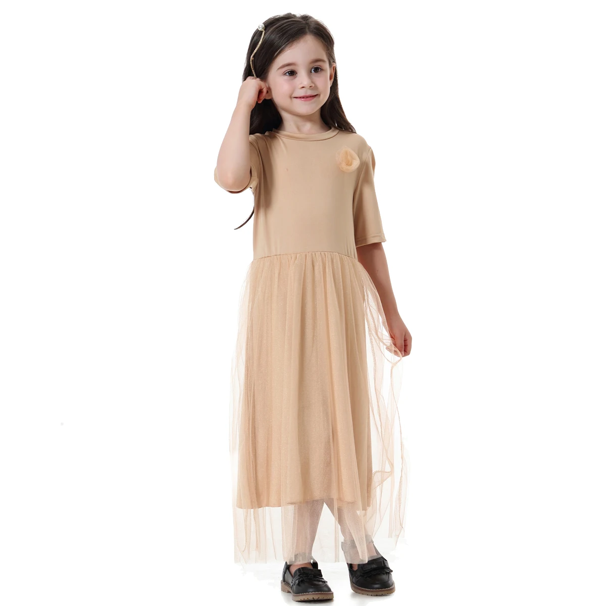 LangChi Indonesia Qatar Malaysia Dubai Abaya Muslim Girls Summer Dress Short Sleeve Islamic Clothing