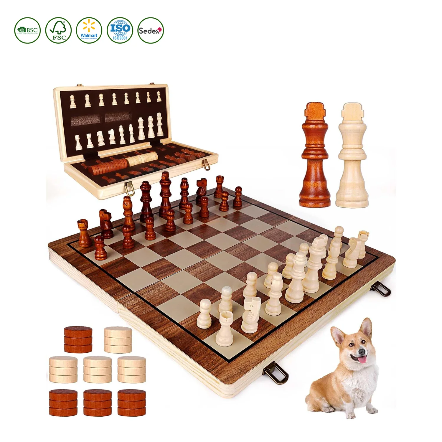 Foldable Wooden Chess Set Board Chess Checkers Set with 2 Extra Queens Wooden Chess Sets