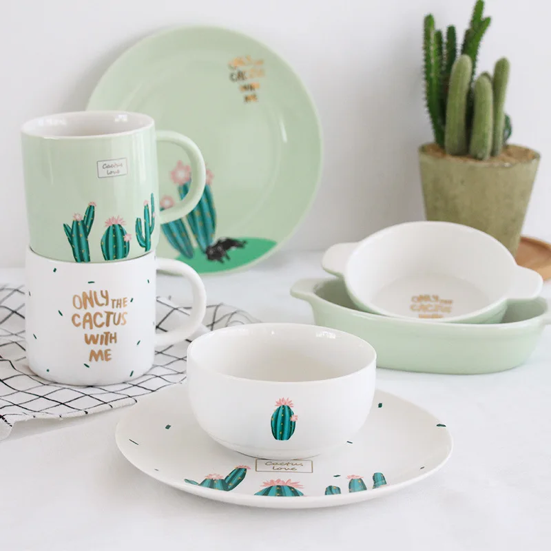
Creative tableware set simple bone porcelain bowl painted gold plate household cactus baking pan ceramic cup 