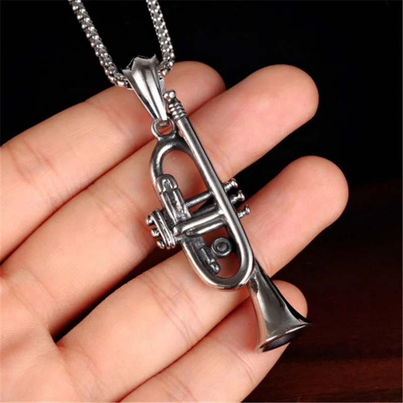 Wholesale fashion 316l stainless steel jewelry musical instrument trumpet necklace for men