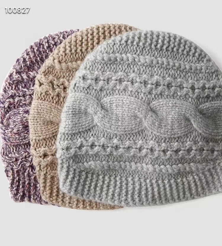 Hand- Knitted Lday Beanie Hat Twisted Flowers Texture 100% Cashmere  Beanie Winter Hat For Woman