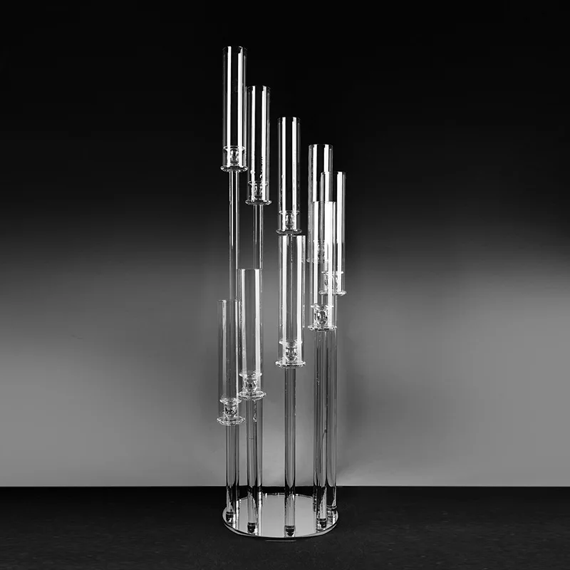 guangzhou Crystal tube candle holder 10 arms tall cheap wedding candelabra glass table top decoration centerpieces for sale