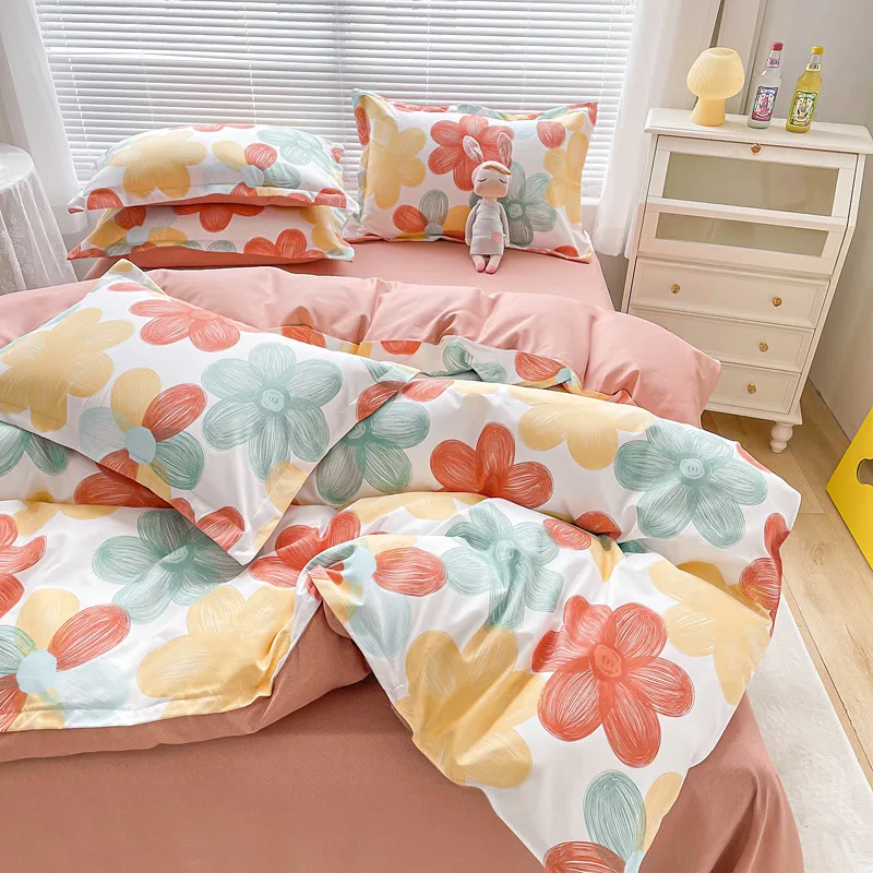 Four-Piece Bed Sheets Plant Printed Floral Duvet Cover Set Quilt Cotton Bed Cover Set