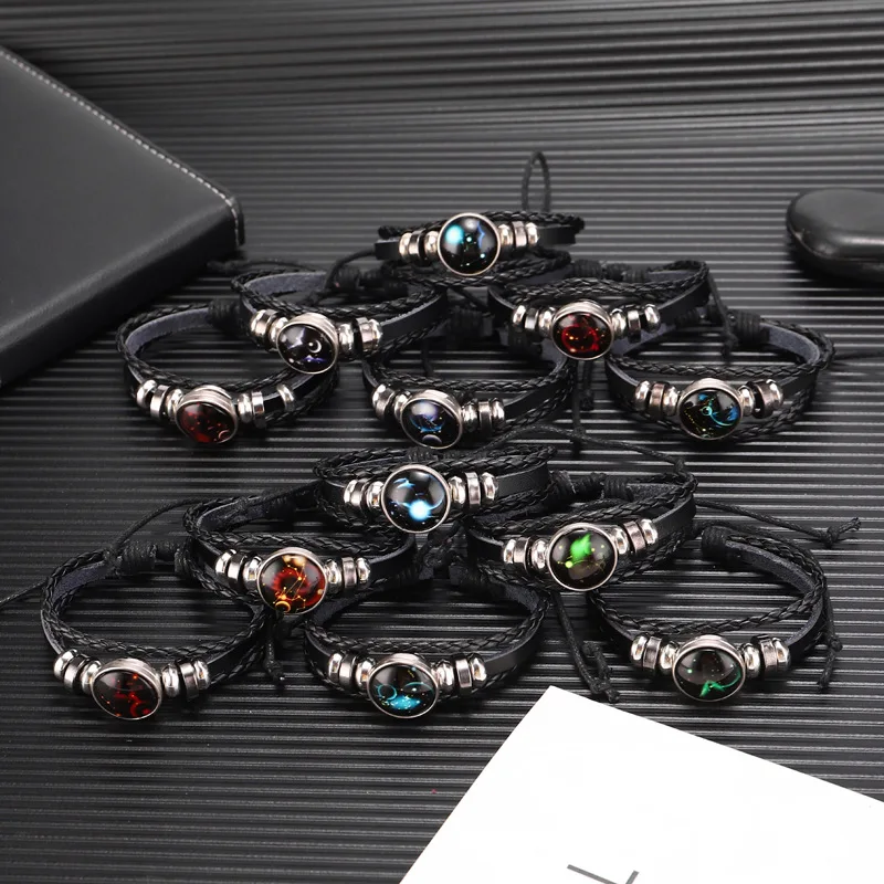 V&R 12 Zodiac Luminous Constellations Bracelets beaded Handmade Charm Punk Rock Braided Men Leather Bracelets