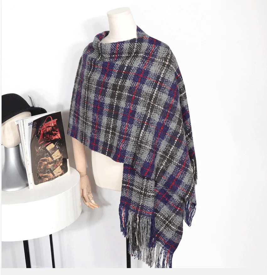 Custom Black Red Plaid Mohair Scarf for Women Checked Chevron Shawl Wrap Thick Winter Red Stripes Scarf with Tassels