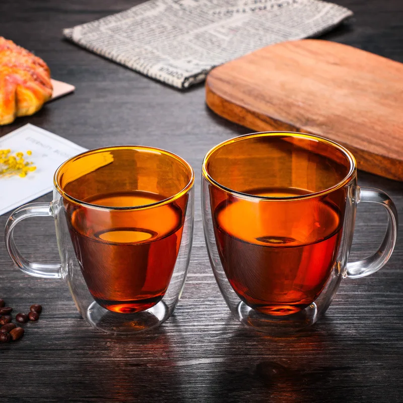 Hot selling wholesale price 350ml and 450ml colored inner layer double wall mug glass