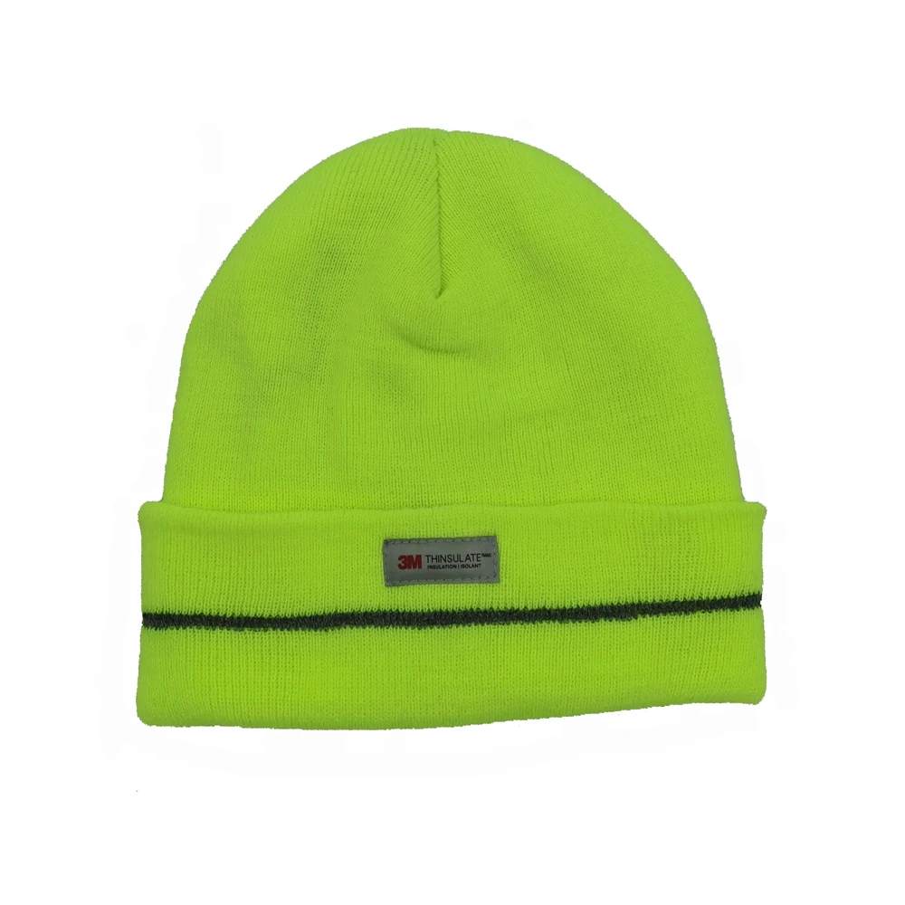 High Visible Sports Ski Hat Custom Labels 3M Thinsulate Lined Reflective Striped fluorescent Knit Beanie Hat Watch Cap