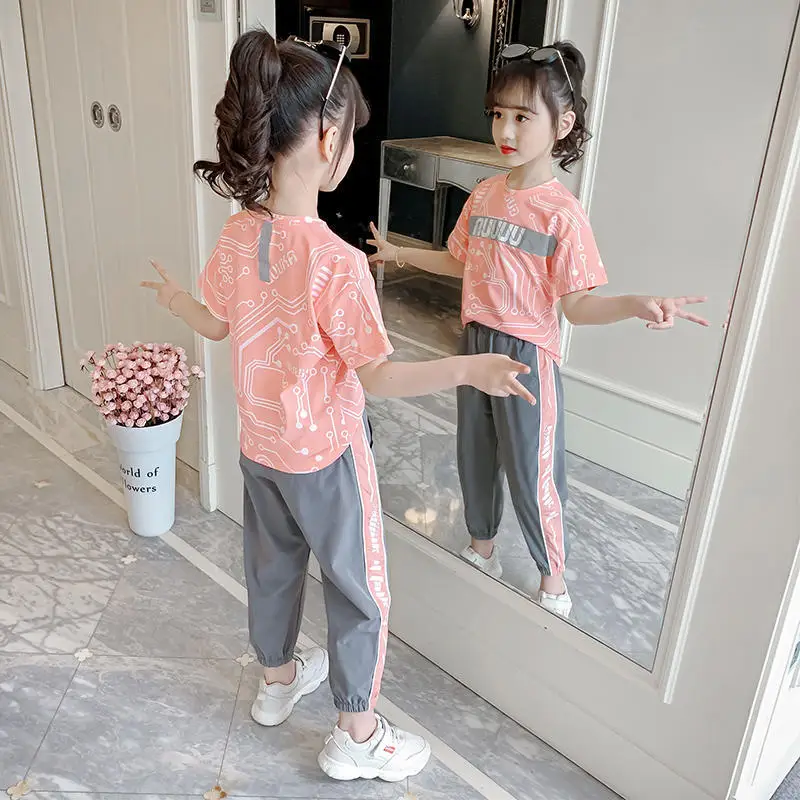 2023 Summer Teen Girls Boutique Clothing Short Sleeve Cartoon Print T Shirt Drawstring Pants 2 Pieces Hot Sale Kids Clothes