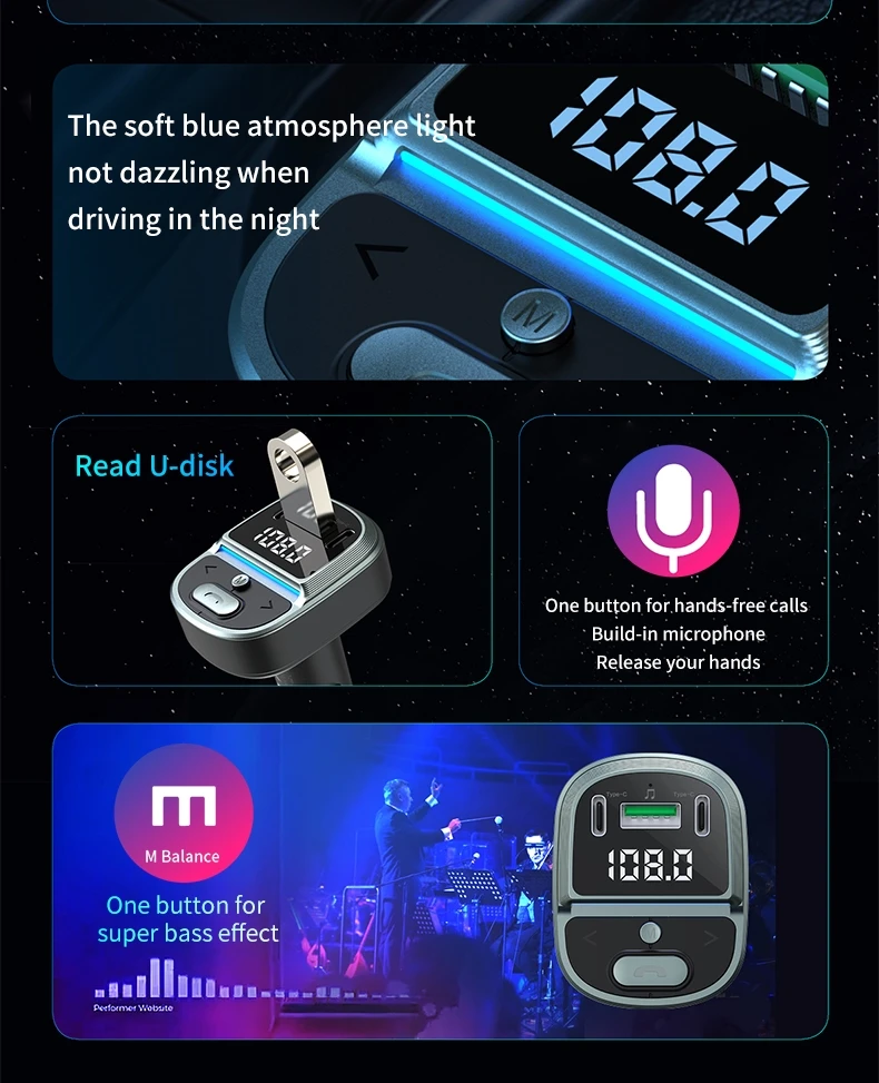 New Bluetooth 5.4 Car FM Transmitter PD Type-C Dual USB Fast Charger Car Adapter Handsfree Radio Modulator MP3 Player