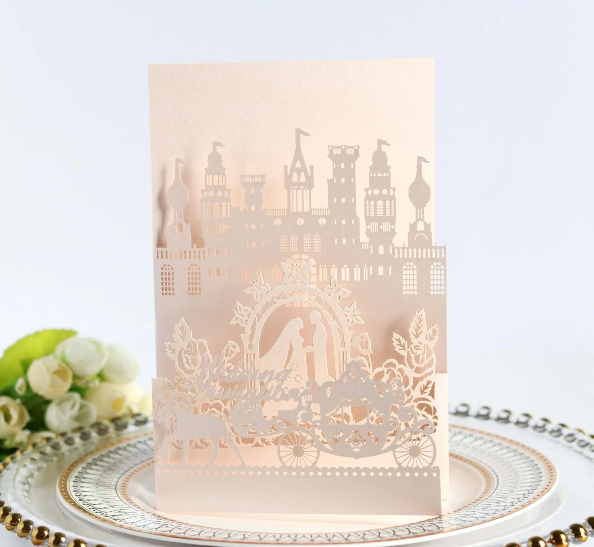 Wholesale Castle Carriage Wedding Cards Cutout Design Greeting Cards With Envelope