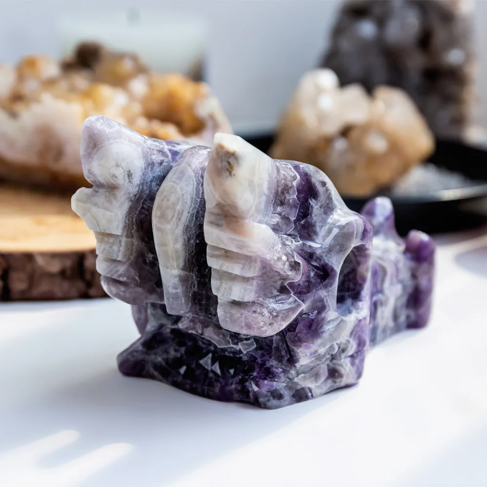 Natural Dream Amethyst Crystal Dragon Head Skulls Hand Carving Crystal Crafts Healing Stones