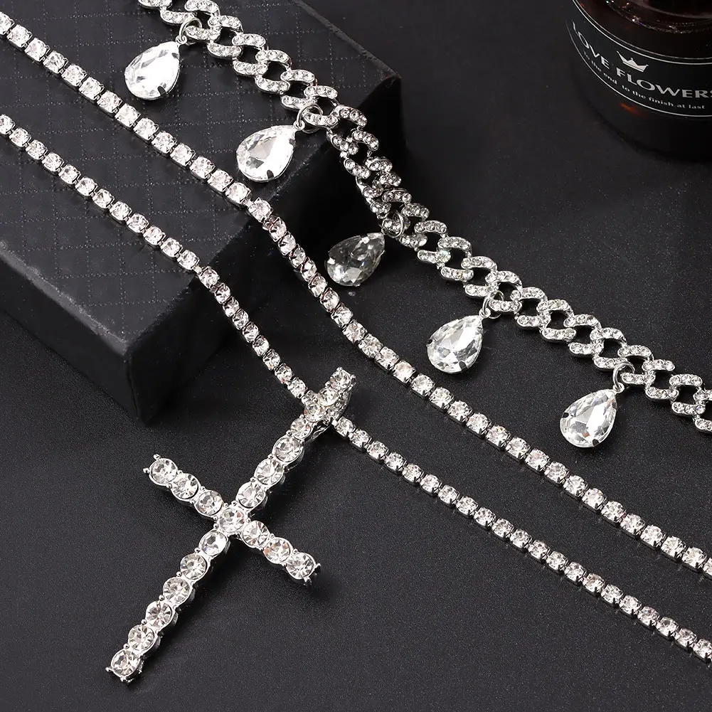 Fashionable Blilng Full Rhinestones Cross Pendant Multilayer Necklace For Women Iced Out Tennis Cuban Link Chain Hip Hop Jewelry