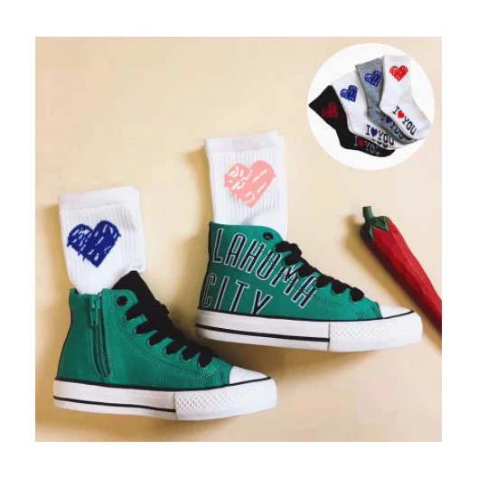 HRUN Kids Socks for Girls Boys Cotton Crew Socks Black White School Socks Children Heart Print Fashion Funny Cute Korean Style