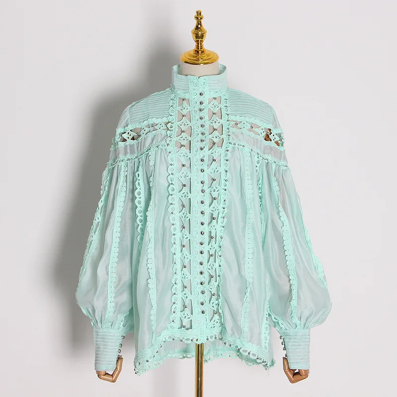 Fashion Women Clothing Balloon Sleeve Hollow Out Nail Bead Lace Blouse Elegant Top Stand Woven Longsleeve Summer Blouse Green